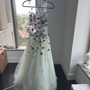 Alex Vinash Sheer Tulle Dress with Black and Gold Floral Accents